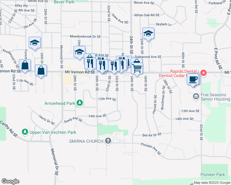 map of restaurants, bars, coffee shops, grocery stores, and more near 1105 33rd Street Southeast in Cedar Rapids