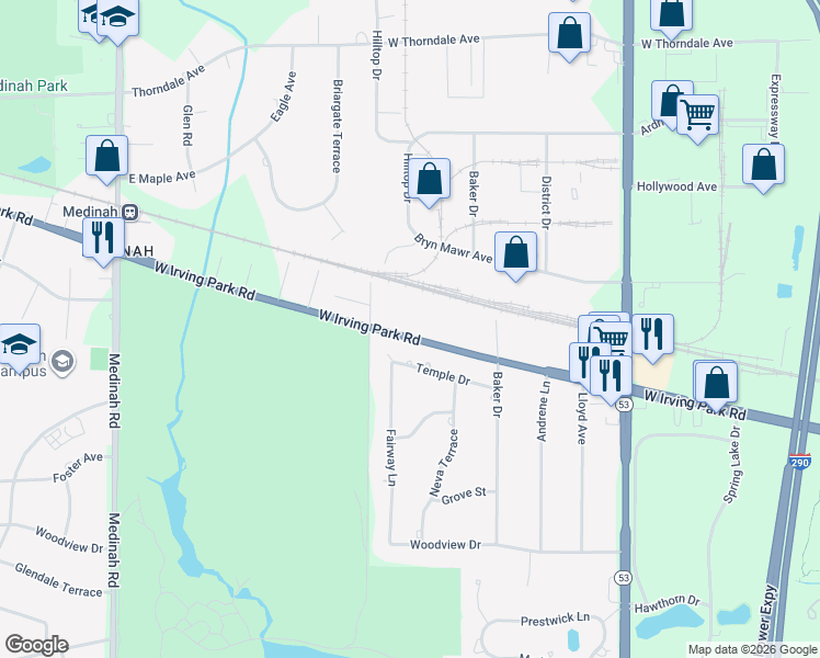 map of restaurants, bars, coffee shops, grocery stores, and more near 1547 West Irving Park Road in Itasca