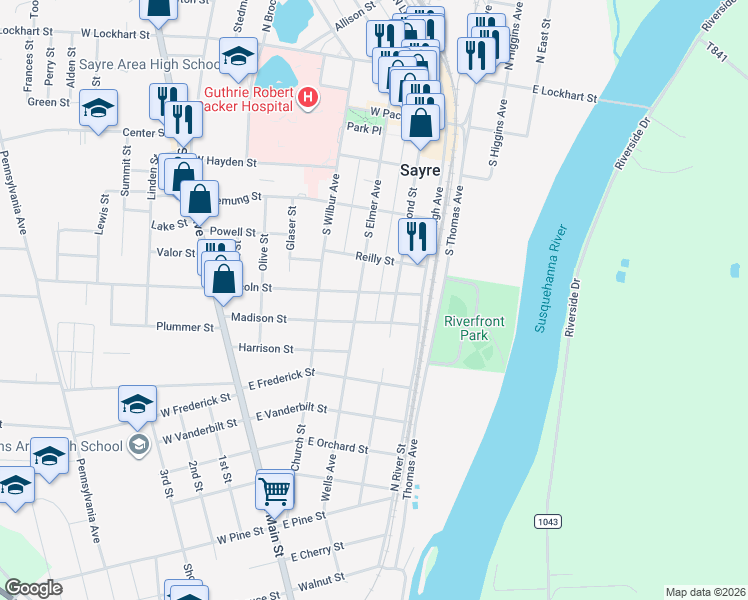 map of restaurants, bars, coffee shops, grocery stores, and more near South Elmer Avenue in Sayre