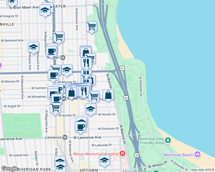 map of restaurants, bars, coffee shops, grocery stores, and more near 5040 North Marine Drive in Chicago