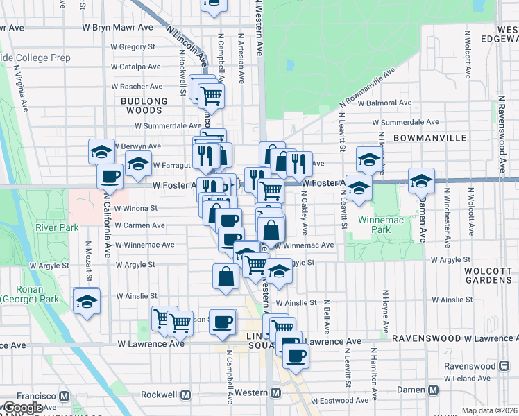 map of restaurants, bars, coffee shops, grocery stores, and more near 2421 West Winona Street in Chicago