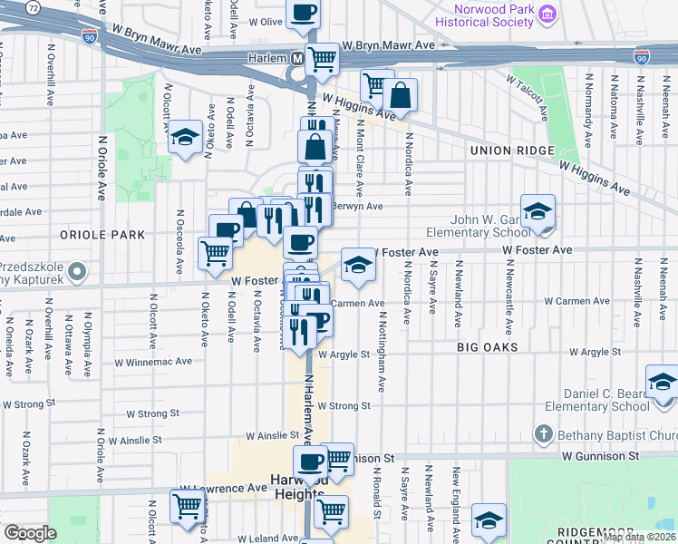 map of restaurants, bars, coffee shops, grocery stores, and more near 5127 North Neva Avenue in Chicago