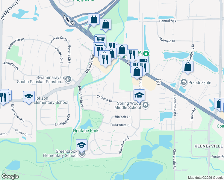 map of restaurants, bars, coffee shops, grocery stores, and more near 5576 Santa Cruz Drive in Hanover Park