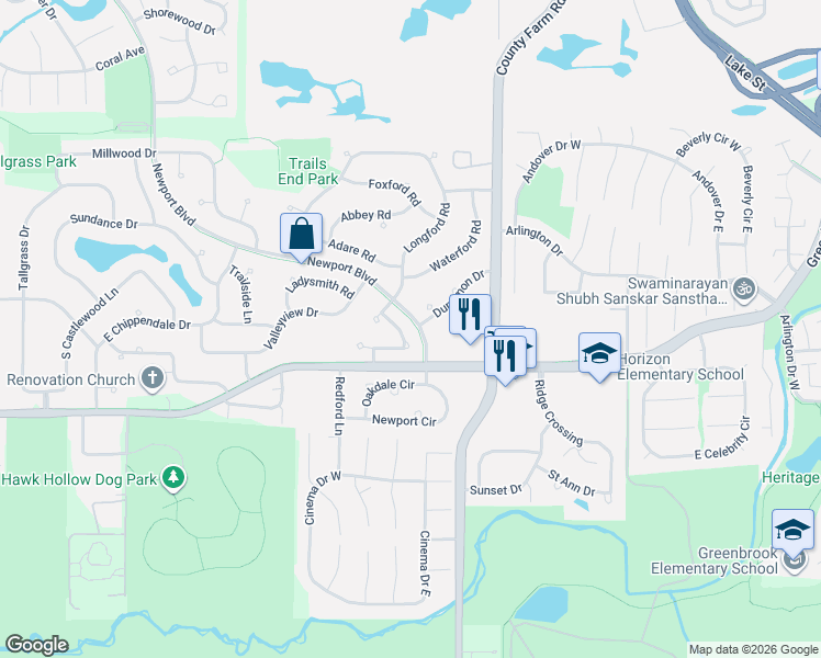 map of restaurants, bars, coffee shops, grocery stores, and more near 1125 Longford Road in Bartlett
