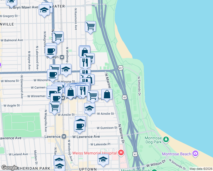 map of restaurants, bars, coffee shops, grocery stores, and more near 5040 North Marine Drive in Chicago