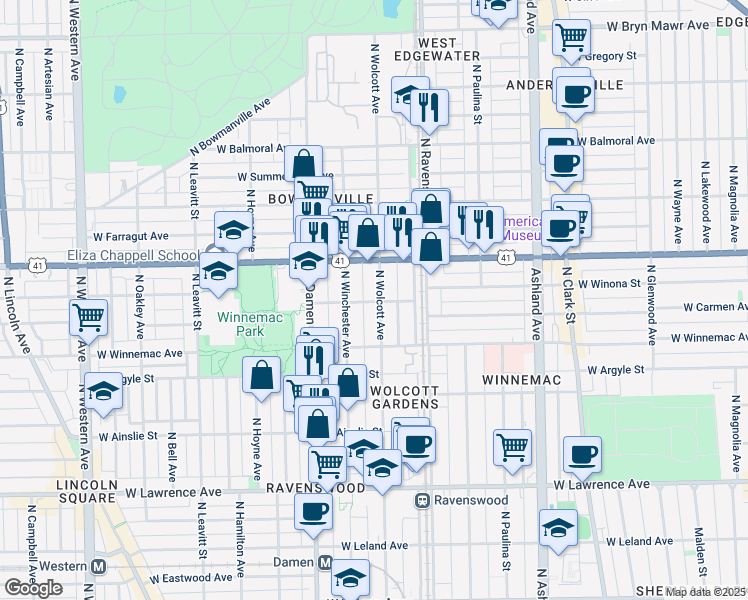 map of restaurants, bars, coffee shops, grocery stores, and more near 1900 West Winona Street in Chicago