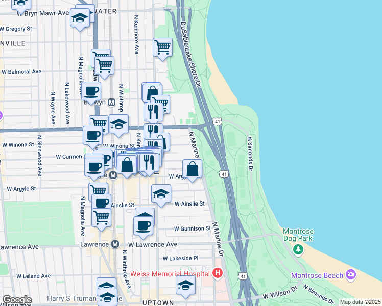 map of restaurants, bars, coffee shops, grocery stores, and more near 5040 North Marine Drive in Chicago