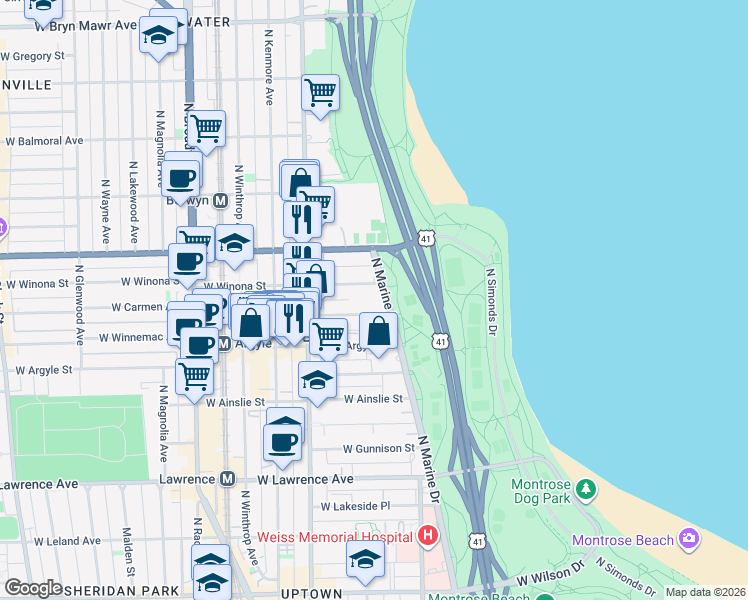 map of restaurants, bars, coffee shops, grocery stores, and more near 5040 North Marine Drive in Chicago