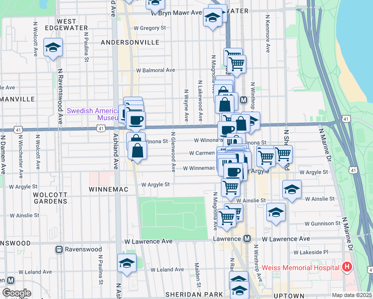 map of restaurants, bars, coffee shops, grocery stores, and more near 1313 West Carmen Avenue in Chicago
