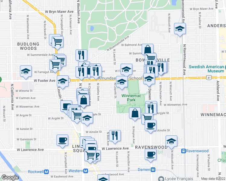 map of restaurants, bars, coffee shops, grocery stores, and more near 5101 North Leavitt Street in Chicago