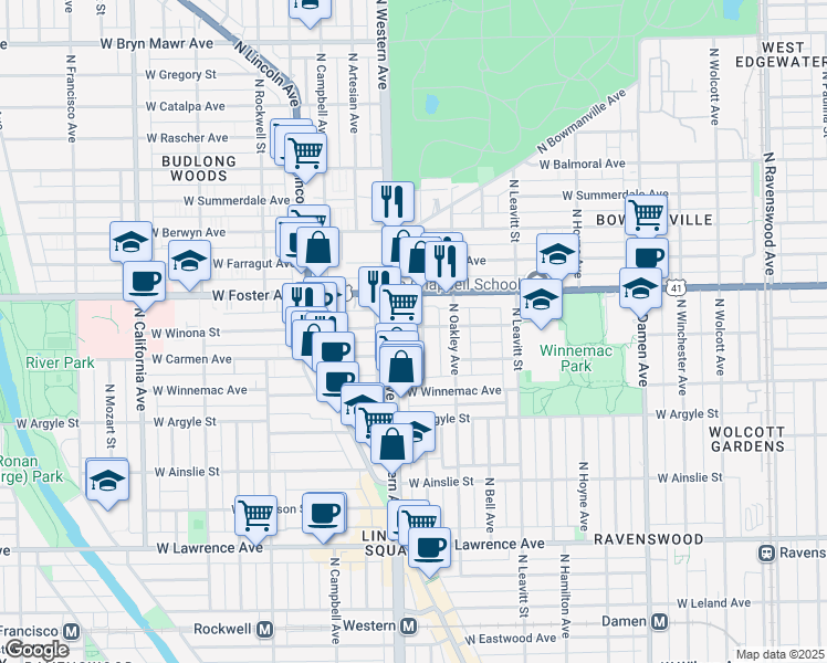 map of restaurants, bars, coffee shops, grocery stores, and more near 5107 North Western Avenue in Chicago
