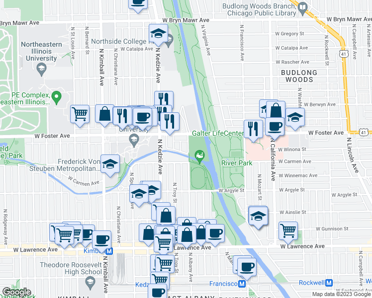map of restaurants, bars, coffee shops, grocery stores, and more near 5100 North Albany Avenue in Chicago