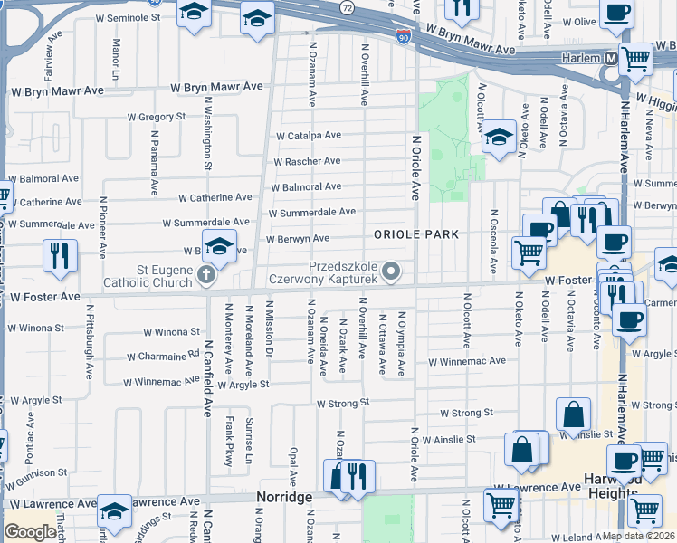 map of restaurants, bars, coffee shops, grocery stores, and more near 7726 West Foster Avenue in Chicago