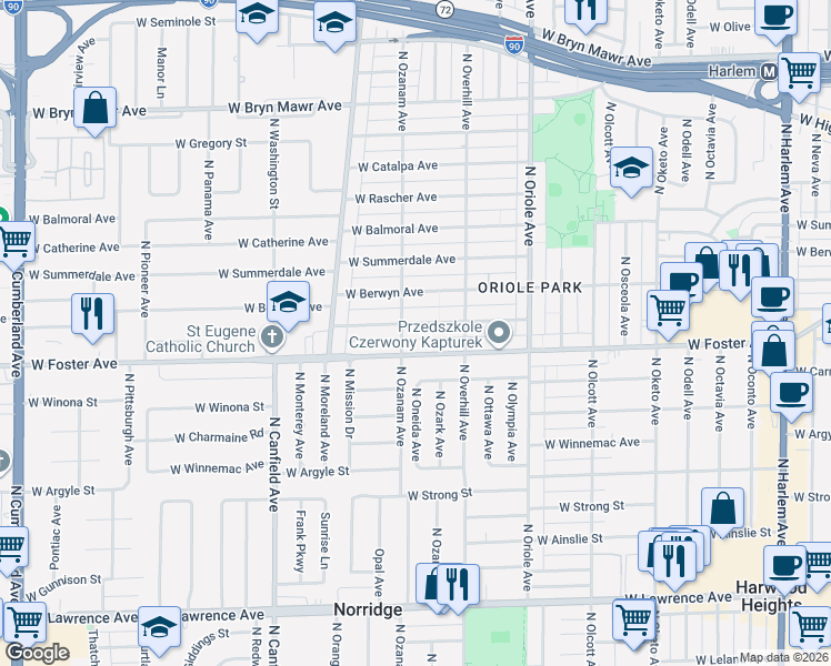 map of restaurants, bars, coffee shops, grocery stores, and more near 7800 West Foster Avenue in Chicago