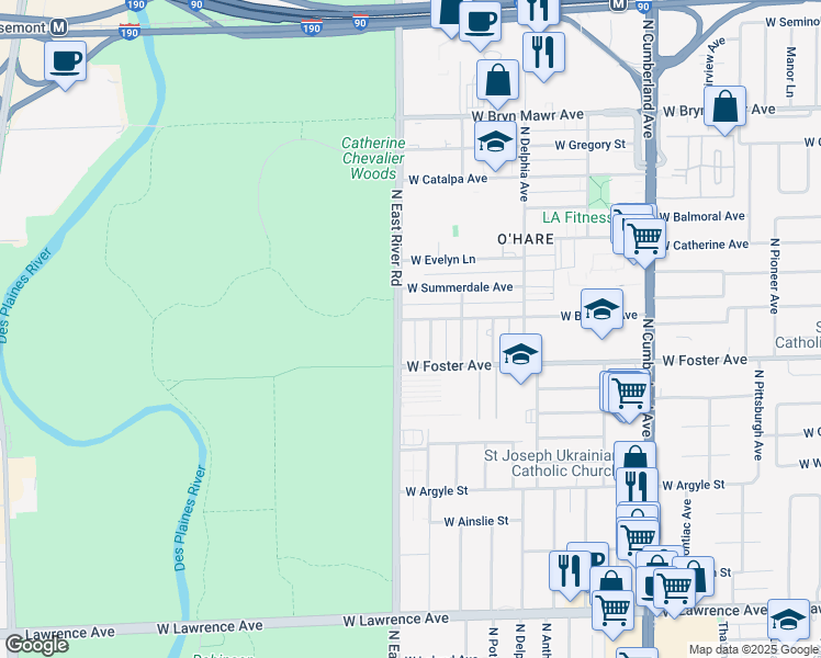 map of restaurants, bars, coffee shops, grocery stores, and more near 5223 North East River Road in Chicago