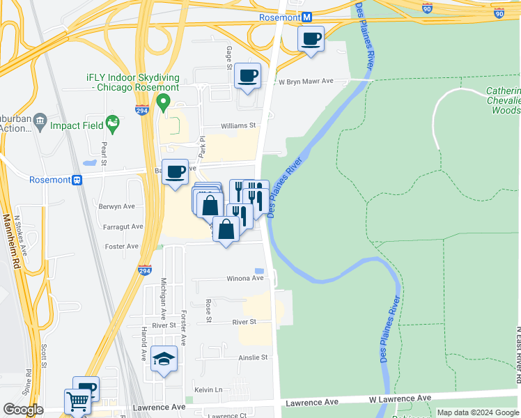 map of restaurants, bars, coffee shops, grocery stores, and more near 5340 Des Plaines River Road in Schiller Park