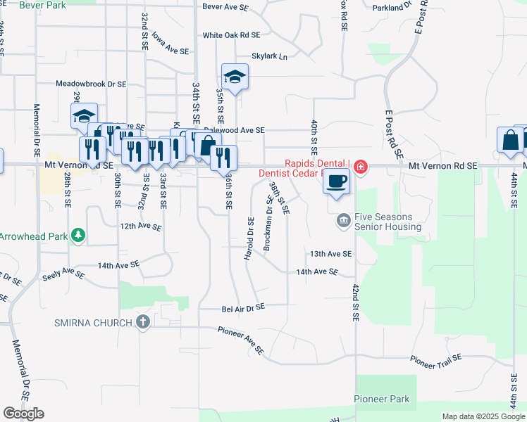 map of restaurants, bars, coffee shops, grocery stores, and more near 1112 Brockman Dr SE in Cedar Rapids