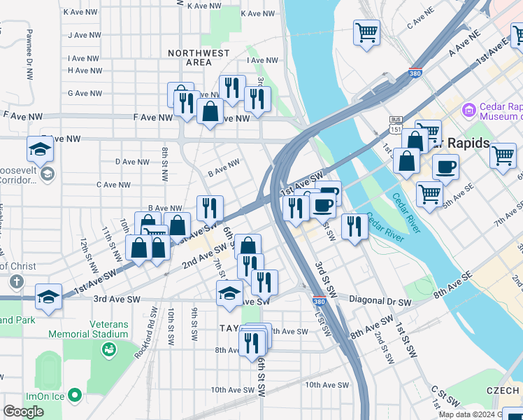 map of restaurants, bars, coffee shops, grocery stores, and more near 346 2nd Avenue Southwest in Cedar Rapids