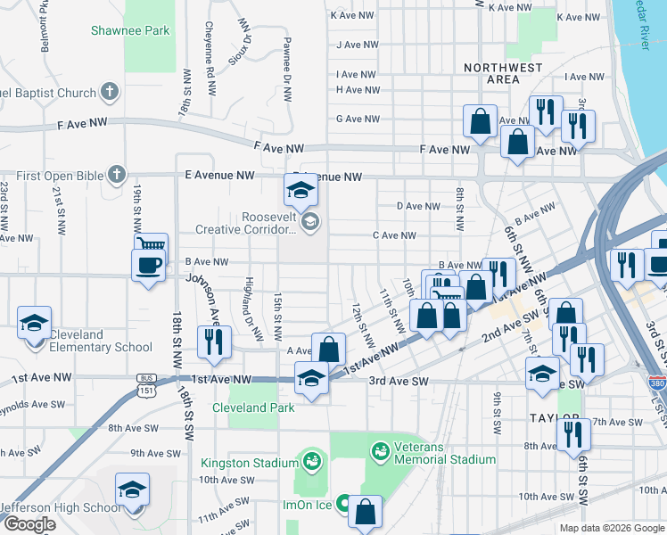 map of restaurants, bars, coffee shops, grocery stores, and more near 279 13th Street Northwest in Cedar Rapids