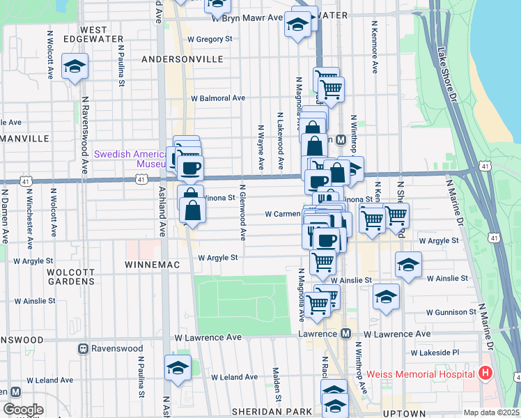 map of restaurants, bars, coffee shops, grocery stores, and more near 1319 West Carmen Avenue in Chicago