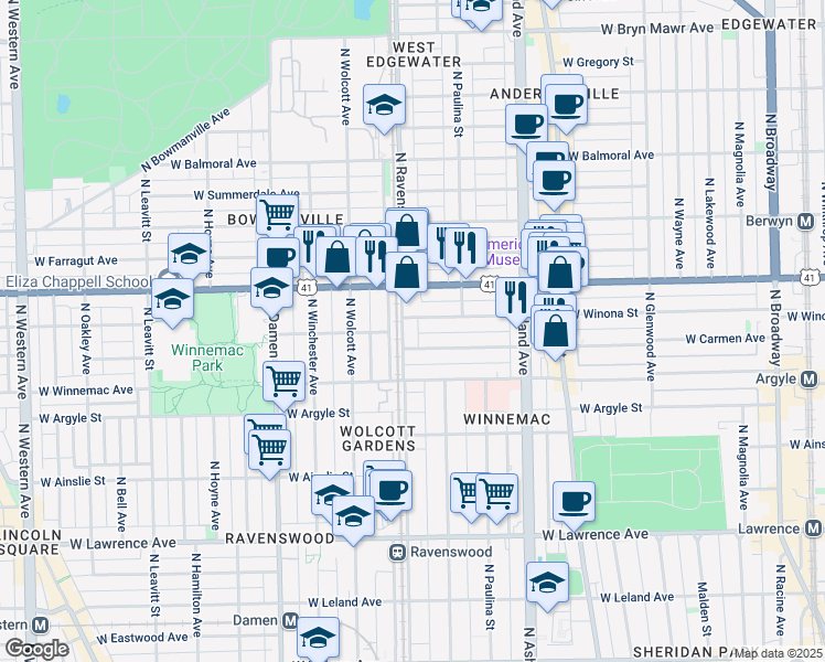 map of restaurants, bars, coffee shops, grocery stores, and more near 1738 West Carmen Avenue in Chicago