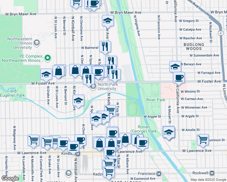 map of restaurants, bars, coffee shops, grocery stores, and more near 1916 North Winona in Chicago