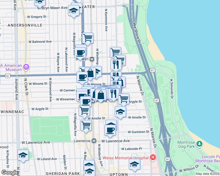 map of restaurants, bars, coffee shops, grocery stores, and more near 5051 North Kenmore Avenue in Chicago