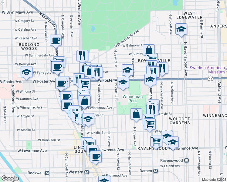 map of restaurants, bars, coffee shops, grocery stores, and more near 5101 North Leavitt Street in Chicago