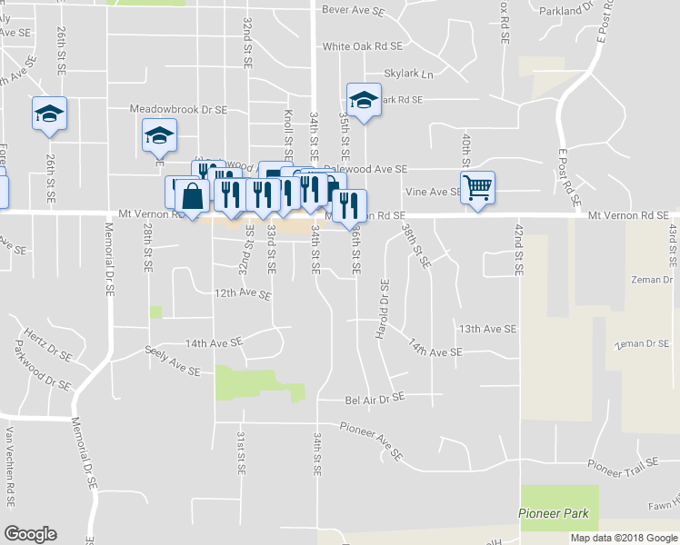 map of restaurants, bars, coffee shops, grocery stores, and more near 3500 Sheridan Drive Southeast in Cedar Rapids