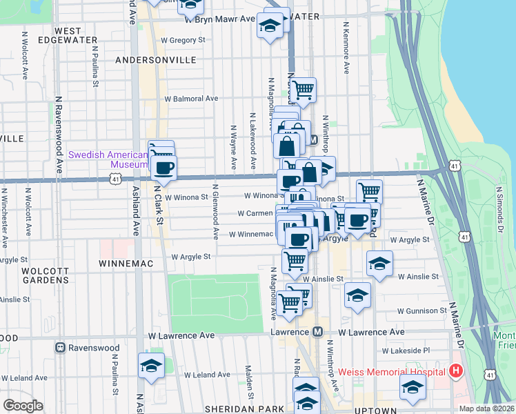 map of restaurants, bars, coffee shops, grocery stores, and more near 1241 West Carmen Avenue in Chicago