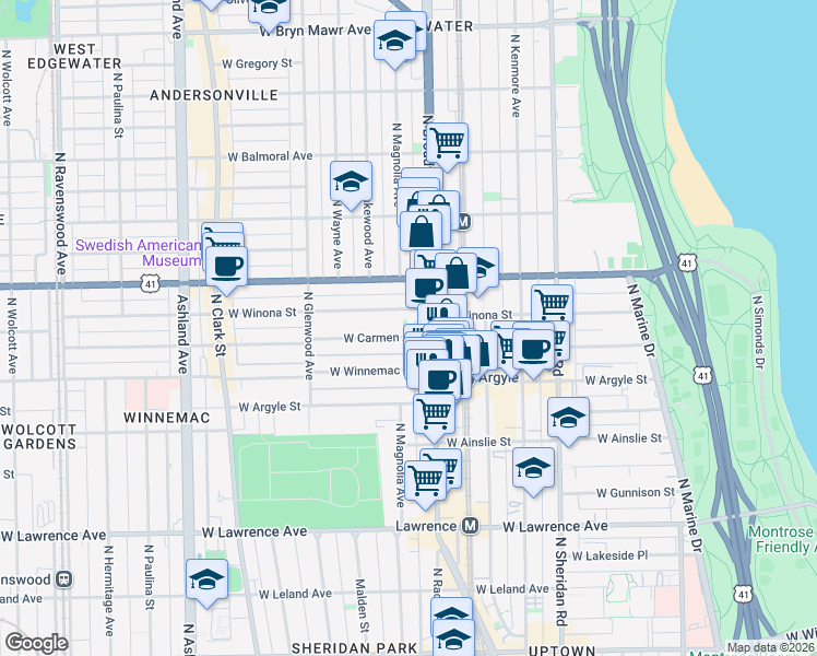 map of restaurants, bars, coffee shops, grocery stores, and more near 1224 West Carmen Avenue in Chicago