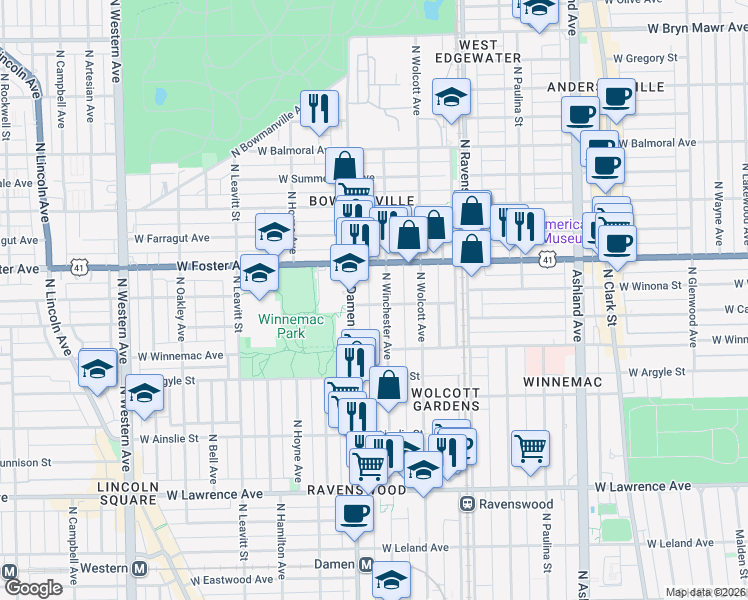 map of restaurants, bars, coffee shops, grocery stores, and more near 5074 North Winchester Avenue in Chicago