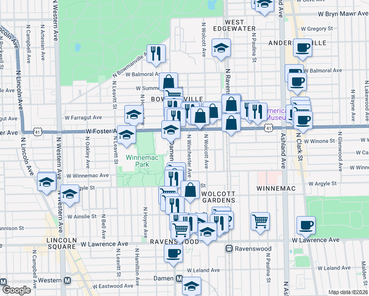 map of restaurants, bars, coffee shops, grocery stores, and more near 5074 North Winchester Avenue in Chicago