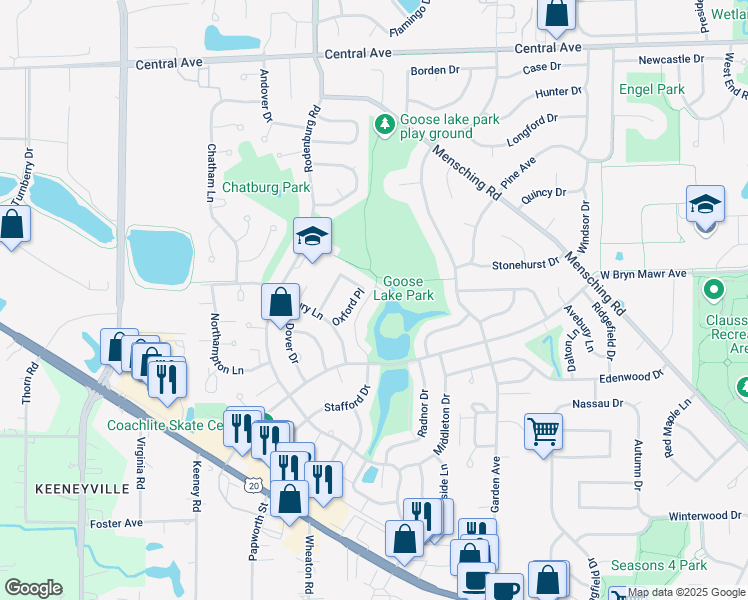 map of restaurants, bars, coffee shops, grocery stores, and more near 445 Oxford Place in Roselle