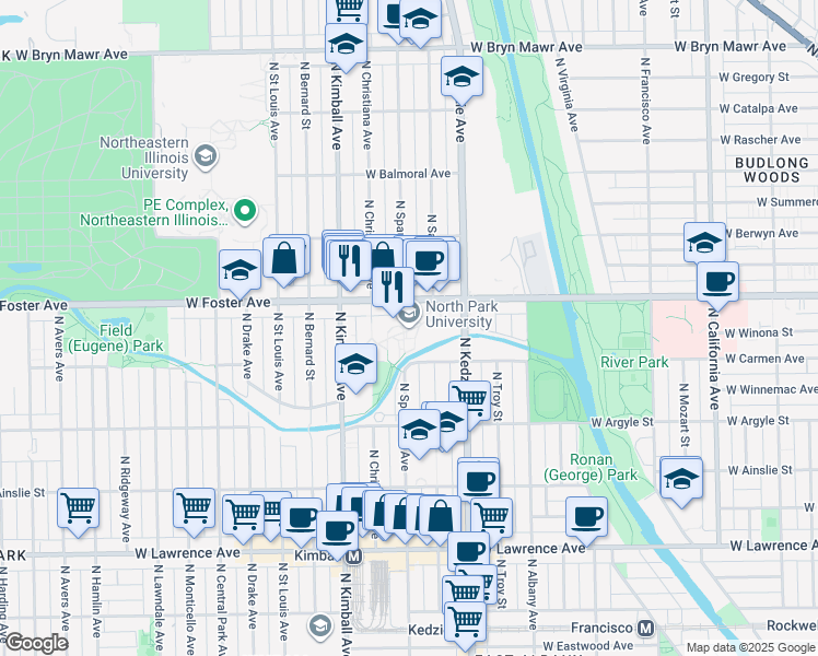 map of restaurants, bars, coffee shops, grocery stores, and more near 3225 West Foster Avenue in Chicago