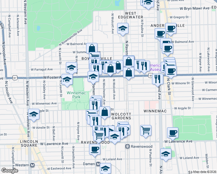 map of restaurants, bars, coffee shops, grocery stores, and more near 1901 West Winona Street in Chicago