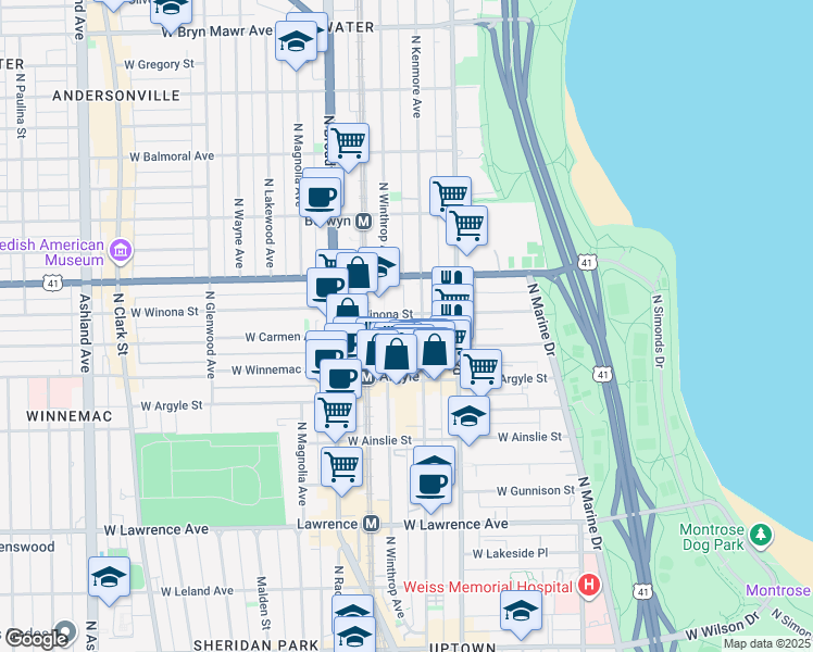 map of restaurants, bars, coffee shops, grocery stores, and more near 5048 North Kenmore Avenue in Chicago