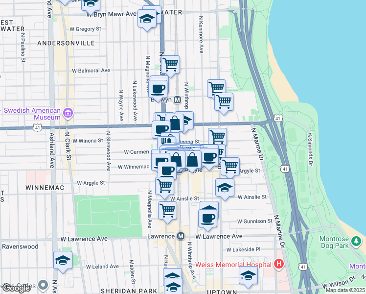 map of restaurants, bars, coffee shops, grocery stores, and more near 5042 North Winthrop Avenue in Chicago