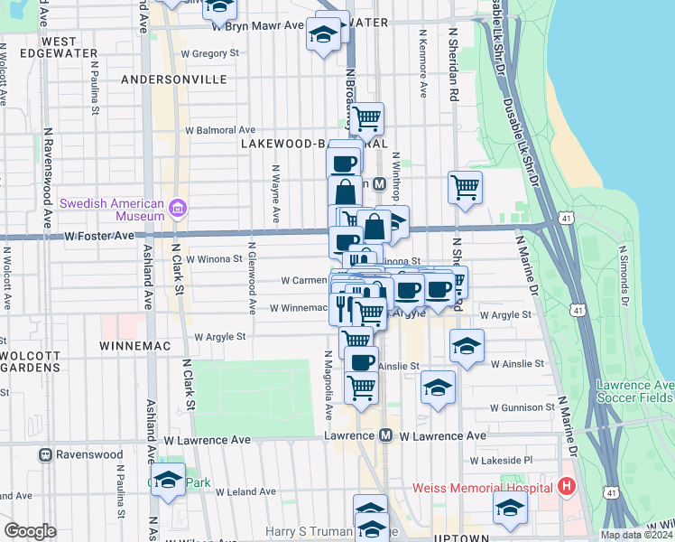 map of restaurants, bars, coffee shops, grocery stores, and more near 5080 North Broadway in Chicago