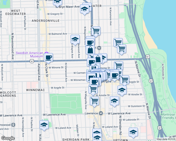 map of restaurants, bars, coffee shops, grocery stores, and more near 5080 North Broadway in Chicago