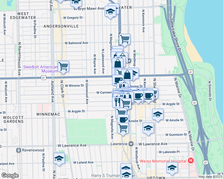 map of restaurants, bars, coffee shops, grocery stores, and more near 1241 West Carmen Avenue in Chicago