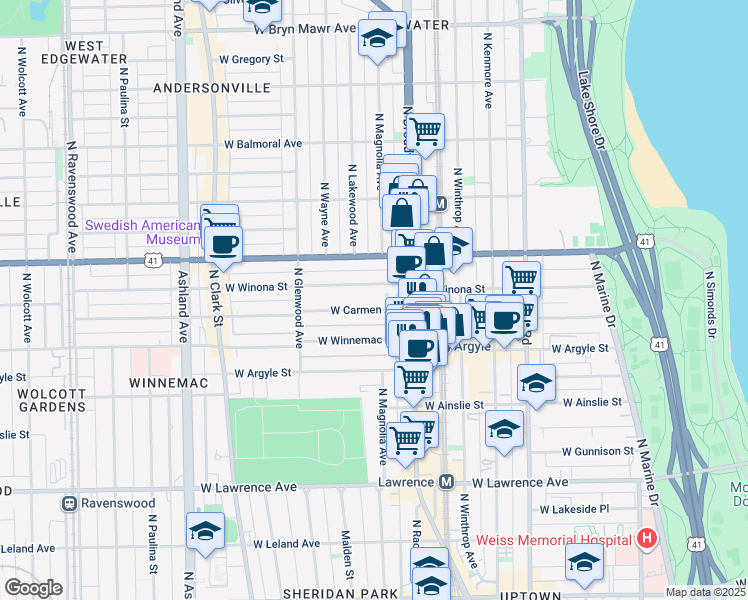 map of restaurants, bars, coffee shops, grocery stores, and more near 1241 West Carmen Avenue in Chicago