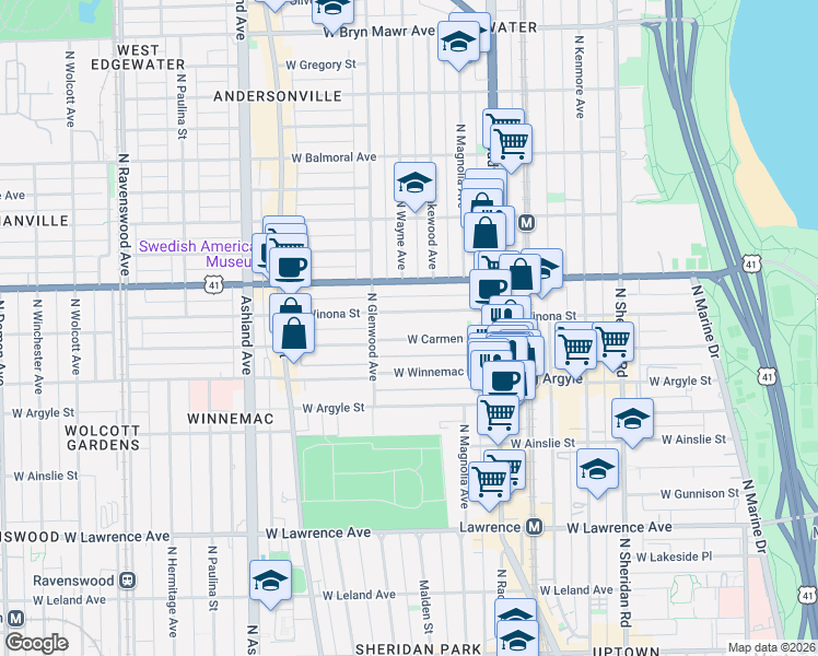 map of restaurants, bars, coffee shops, grocery stores, and more near 1313 West Carmen Avenue in Chicago