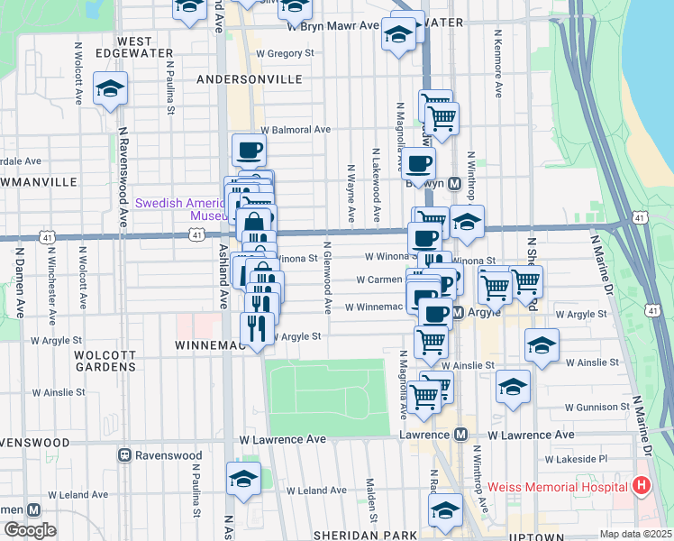 map of restaurants, bars, coffee shops, grocery stores, and more near 5063 North Glenwood Avenue in Chicago