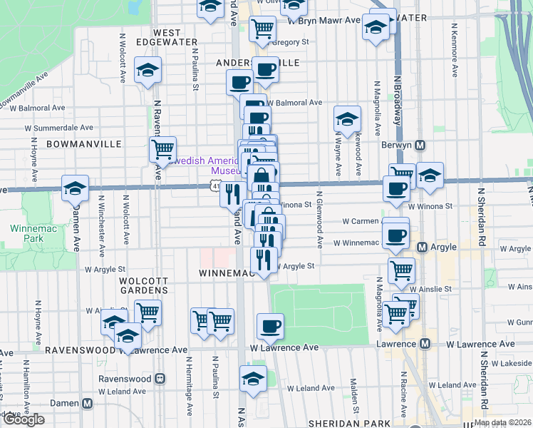 map of restaurants, bars, coffee shops, grocery stores, and more near 5117 North Clark Street in Chicago