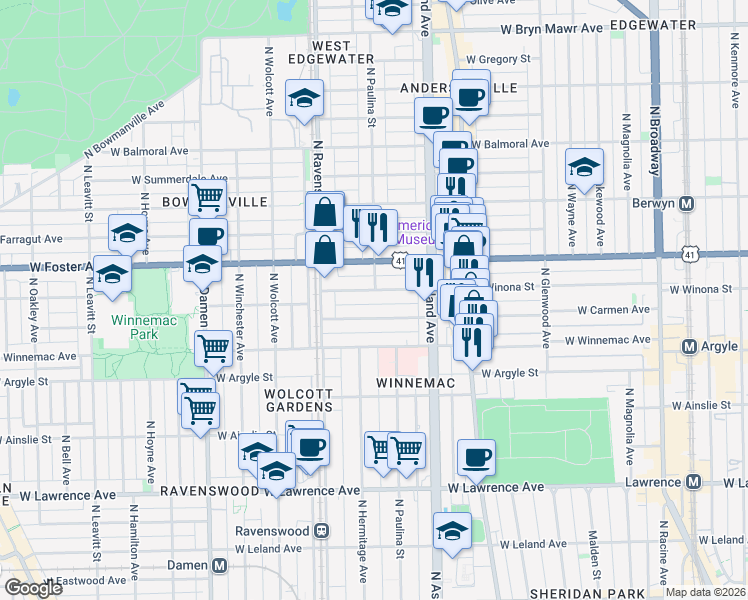 map of restaurants, bars, coffee shops, grocery stores, and more near 1660 West Carmen Avenue in Chicago