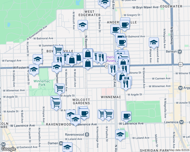 map of restaurants, bars, coffee shops, grocery stores, and more near 1736 West Carmen Avenue in Chicago