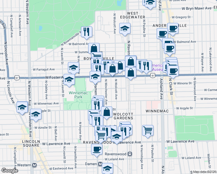 map of restaurants, bars, coffee shops, grocery stores, and more near 5074 North Winchester Avenue in Chicago