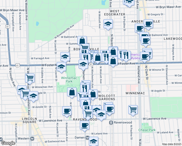 map of restaurants, bars, coffee shops, grocery stores, and more near 5074 North Winchester Avenue in Chicago
