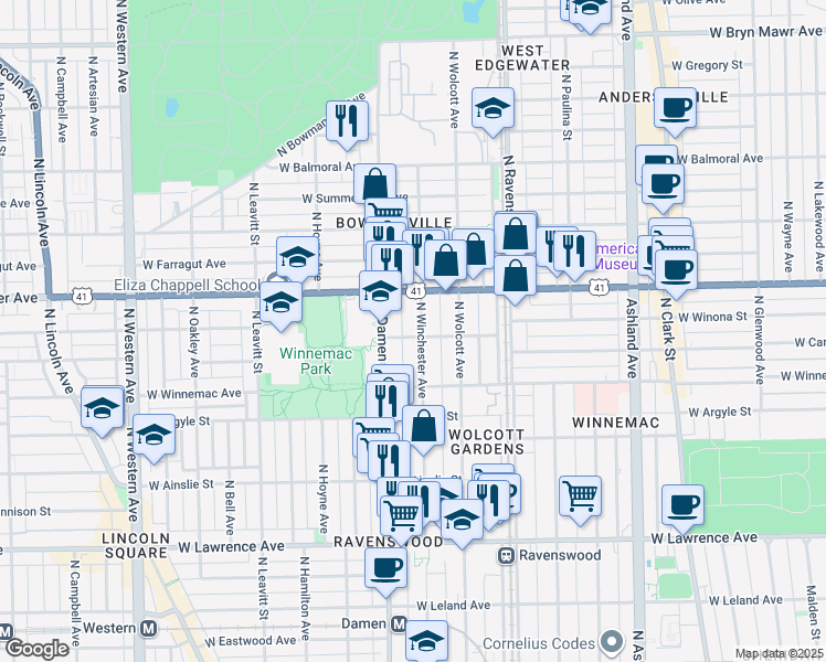 map of restaurants, bars, coffee shops, grocery stores, and more near 5074 North Winchester Avenue in Chicago